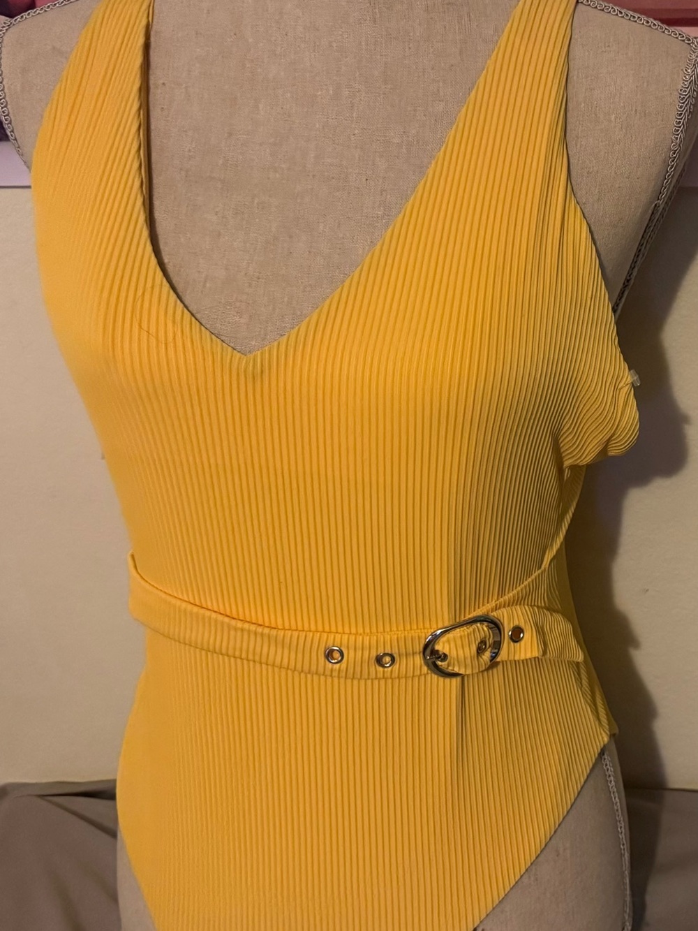Ribbed Yellow One-Piece Swimsuit with Belt